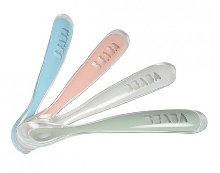 Béaba - lot de 4 cuilleres soft silicone 1er repas eucalyptus