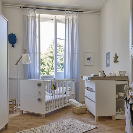 Galipette - Commode à langer 3 tiroirs et petite bibliothèque mobile blanc Céleste