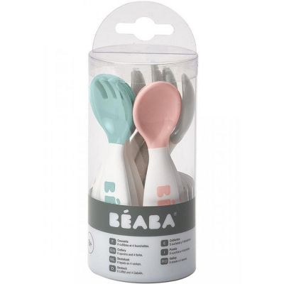 Béaba - Lot de 10 couverts en silicone vert d'eau, gris et rose