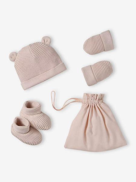 Vertbaudet - Kit naissance bonnet, moufles et chaussons et son pochon personnalisable rose