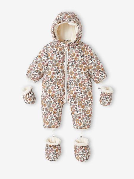 Vertbaudet - Combipilote bébé fille fleurie doublée polaire beige clair imprime