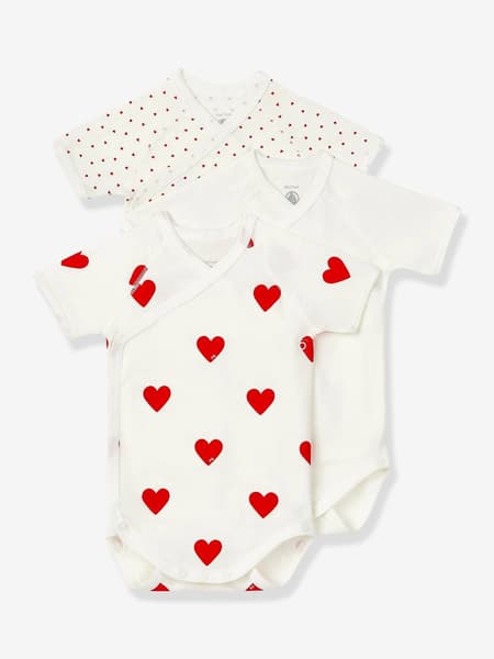 Petit Bateau - Lot de 3 bodies croisés manches courtes coeurs bébé naissance en coton bio PETIT BATEAU blanc - Petit Bateau