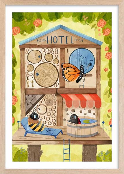 Hexoa - Affiche enfant hôtel pour insectes avec cadre bois 40x60 cm