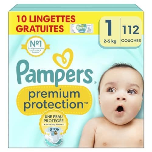 Pampers - Pampers Premium Protection Taille 1, x112 Couches, 2kg-5kg, Double Protection pour la peau et contre les fuites + 10 Lingettes Harmonie Aqua Gratuites
