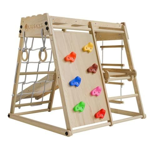 Juskys - Juskys Mini Structure d'escalade pour Enfants - Aire de Jeux intérieure avec Toboggan, Mur d'escalade, Filet à Grimper & Anneaux de Gym - Tour d'escalade Pliable en Bois - Coloris Naturel