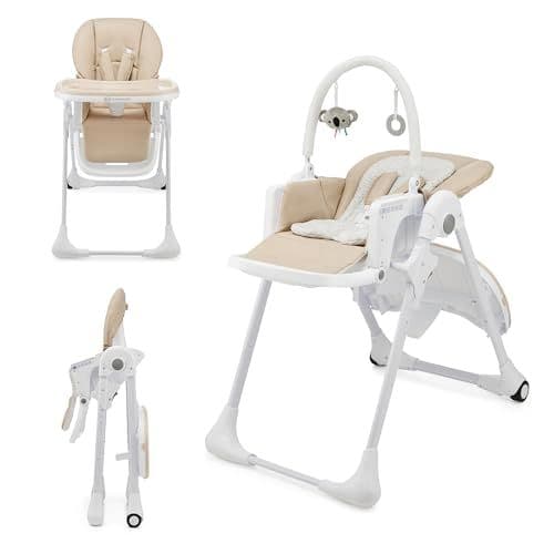 kk Kinderkraft - Kinderkraft TUMMIE Chaise Haute 2 en 1, pour Bébé Ergonomique, Confortable, Inclinable, Pliable, avec Hauteur Réglable, Repose-Pieds, Plateau Amovible, pour Tout-Petit, avec jouets, Beige
