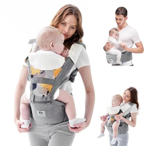 Bellababy - Porte Bébé, Bellababy Siège de Hanche Multifonction pour Porte Bebe de 3 à 36 mois, 6 en 1 Façons de Transporter, Toutes Saisons, Taille Réglable, Parfait pour Faire du Shopping en Voyage (Gris)