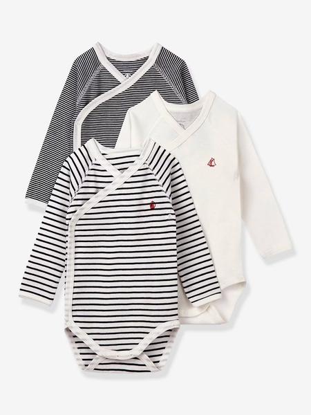 Petit Bateau - Lot de 3 bodies croisés manches longues rayés bébé naissance en coton bio marine