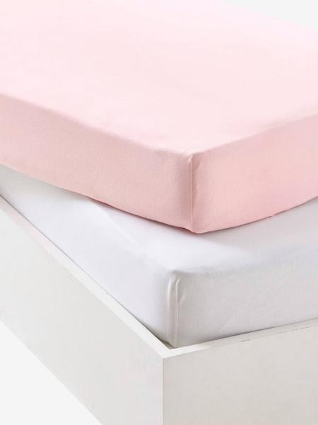 Vertbaudet - Lot de 2 draps-housses bébé en jersey extensible rose pâle + blanc