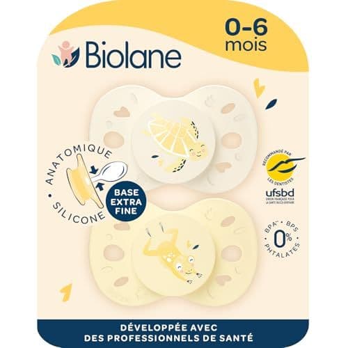 Biolane - BIOLANE - Tétines anatomiques animaux - Sucettes extra-fines - 0 à 6 mois- Jaune et Beige - Téterelle plate et réversible- Confort optimal- Respect du développement bucco-dentaire