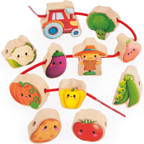 Janod - Perles à enfiler en bois Ferme potager (11 pièces)