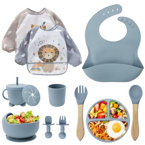 CUBTEM - CUBTEM Assiette Bebe,Lot de 12 Set Repas BéBé, Bol Cuillere Bebe,Bavoir Silicone Bebe,Assiette Ventouse Pour BéBé,Enfant Set Couverts Vaisselle Pour Sevrage Manger