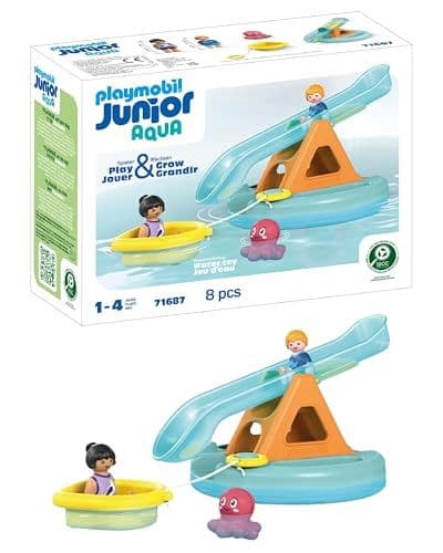 Playmobil - Playmobil 71687 Junior Aqua : Ilôt avec Toboggan Aquatique - incluant Un Petit Bateau et Une Pieuvre - Jouet fabriqué à partir de matière d'origine végétale - Dès 12 Mois