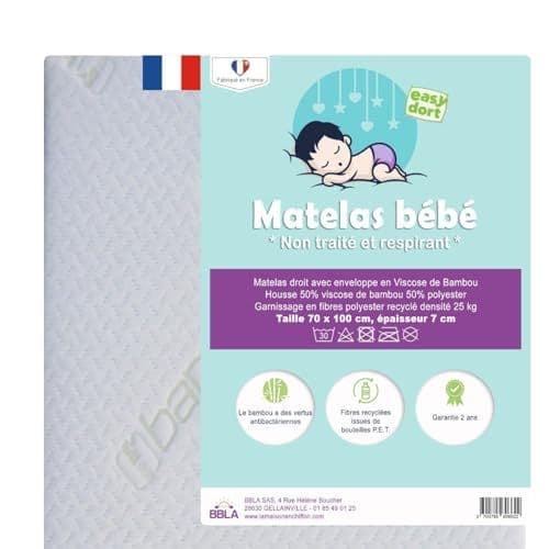 Easy Dort - Easy Dort Matelas bébé 70x100 cm | Berceau ou lit bébé | Épaisseur 7 cm | Fabriqué en France | Été & Hiver | Double Face | Très Confortable | Housse en Bambou | Blanc