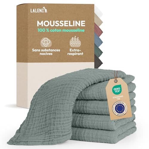 Laleni - Laleni Lot de 5 Lange Bebe 70x70 - Langes Coton bébé Haute qualité 100% Coton Multi-Usage - Gaze de Coton mousselines très absorbantes - debarbouillette Bebe Lavable - Carre Coton Bebe - Vert