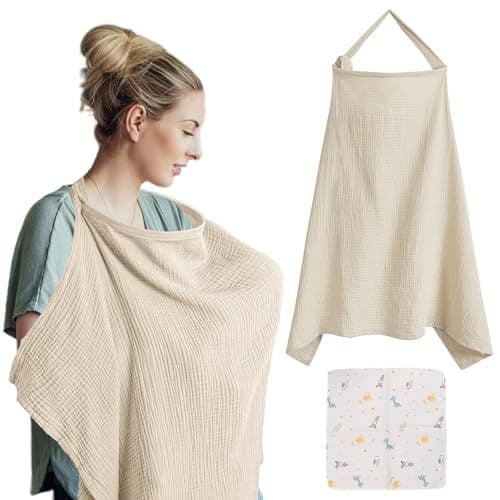 VEGCOO - VEGCOO Couverture Allaitement Bébé, Couvertures d'allaitement, Tablier Allaitement Bebe et Serviette de Salive, Cache Allaitement Écharpe pour Mamans, Coton Douce Respirante Ajustable (couleur avoine)