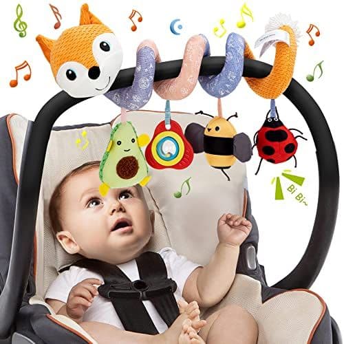 Funsland - Funsland Jouets Eveil pour Poussettes, en Peluche Spirale D'activité Bébé avec Musique, Jouets Naissance Berceau Landau pour Garçons et Filles, Cadeaux 3 6 12 Mois, Orange