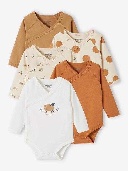 Vertbaudet - Lot de 5 bodies ouverture naissance bébé en coton biologique taupe