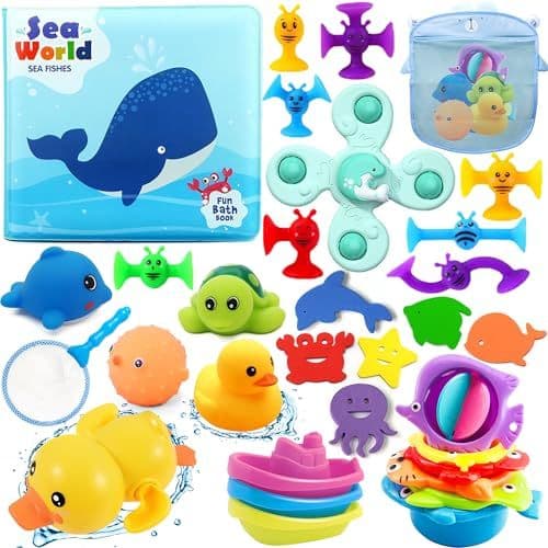Chennyfun - Chennyfun Jouets de Bain Bébés, 32 Pièces Jouet de Bain Set avec Canard en Caoutchouc, Tortue, Dauphin, Bateaux en Plastique etc, Animaux Jouets Flottants pour Bébés Enfant 1 2 3 4 5Ans