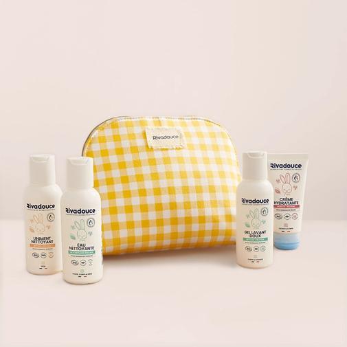 rivadouce - Kit Voyage De Bébé - Routine hygiène et soin complète - Peaux sensibles - Trousse + 4 minis - Rivadouce