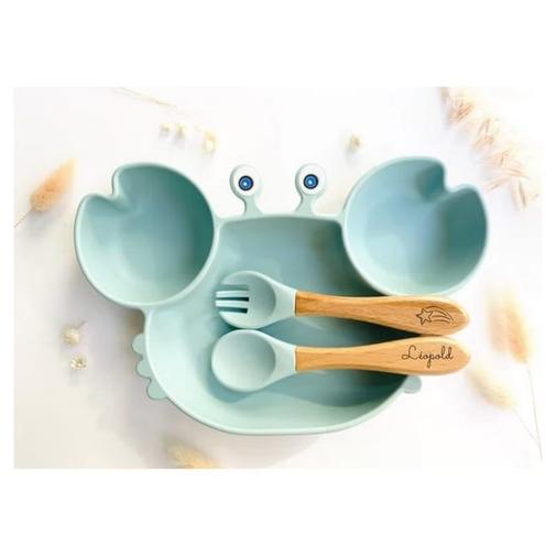 Les Petits Citrons - Set repas et couvert en forme de crabe pour enfant (bleu ciel)