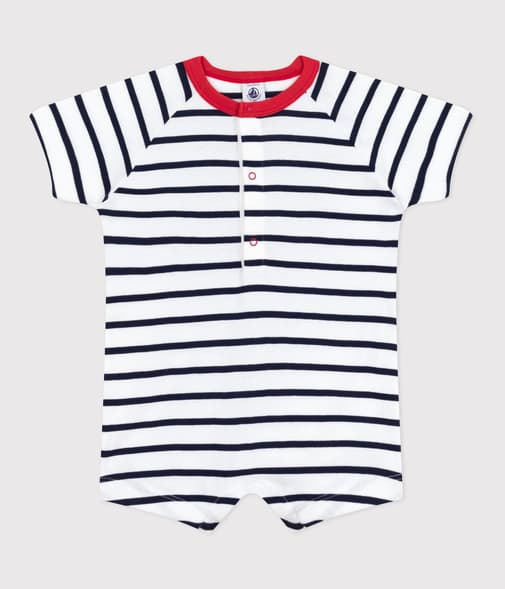 Petit Bateau - Combicourte bébé en coton manches courtes, rayée et col contrasté