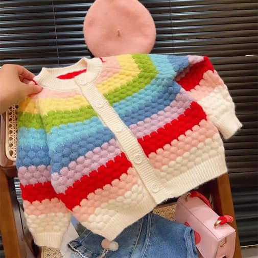 MiniOlie - Kid Girl Rainbow Colored Knit Cardigan Sweater