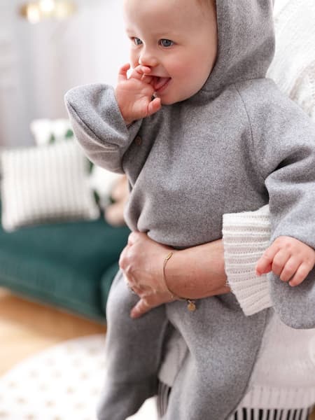 Vertbaudet - Taille 1 mois Combi-pilote à capuche en drap de laine bébé ouverture décalée gris chiné - Vertbaudet