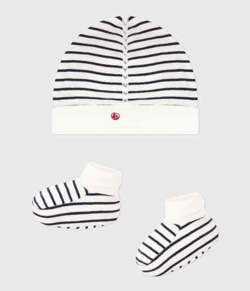 Petit Bateau - Lot de bonnet et chausson bébé en coton marinière
