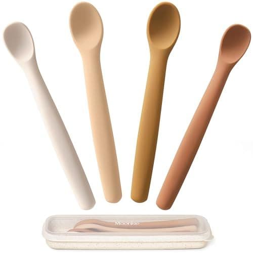 Moonkie - Cuillere Bebe(4PCS), Cuilleres en Silicone, Cuillere Bebe Apprentissage, Cuillère Souple pour 1er Phase du Bébé, Cuillère Bébé d'Entraînement, Idéal pour Auto-Alimentation et Sevrage Guidé