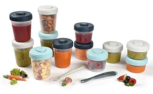 Béaba - BÉABA, Lot de 12 Portions Conservation et 2 Cuillères Silicone, Clip, Pots empilables et emboîtables, 100% hermétique, Graduation, Congélation, Lait Maternel (2x90 ml & 4x150 ml & 6x250ml), Storm