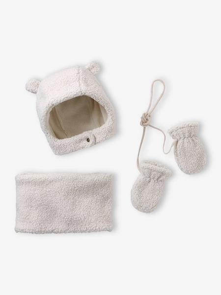Vertbaudet - Ensemble bonnet, snood et moufles bébé en sherpa écru
