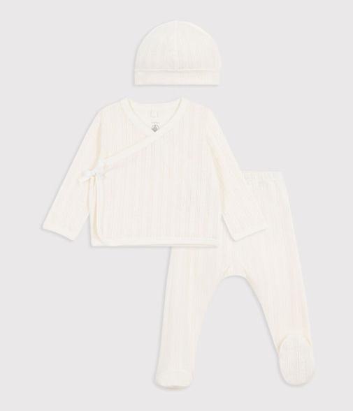 Petit Bateau - Ensemble long 3 pièces bébé en coton ajouré et son bonnet