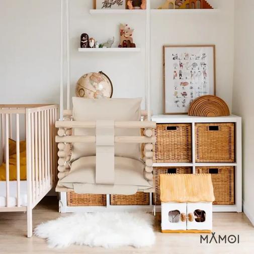 Babykare - Chaise suspendue bébé en bois avec harnais de sécurité & crochet beige