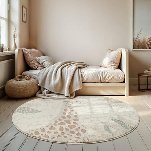 The carpet - Tapis enfant bébé girafe, crème, 120 cm ronde