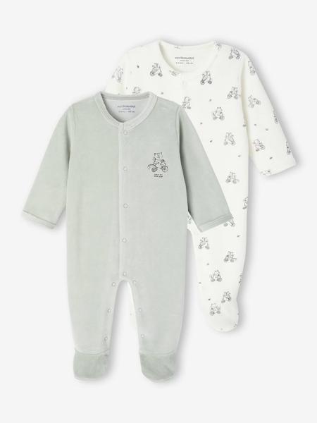 Vertbaudet - Lot de 2 pyjamas bébé naissance en velours vert d'eau