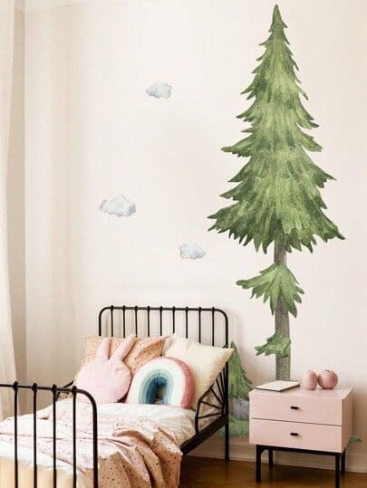 fr.shein.com - 1 Ensemble De 4 Autocollants De Décoration Mural À La Maison En Style D'aquarelle De Grand Pin De 215 Cm Et De Nuage