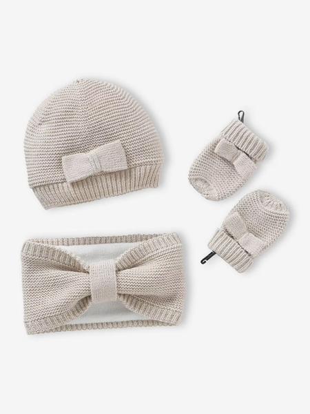 Vertbaudet - Ensemble bébé fille bonnet + snood + moufles noeuds écru