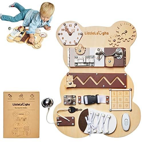 LittleLaughs - LittleLaughs Planche d'Activité Montessori | Tableau Sensoriel Montessori | Busy Board Bois | Tableau Activités Bébé | Panneau Activité Bébé | Planche Montessori 1 an | Pédagogique et Interactif