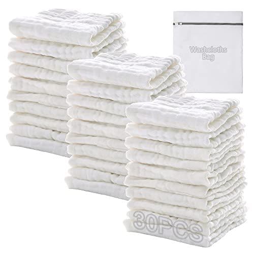 Koo-dib - 30 Pcs Débarbouillette Lavable Coton Extra Douces Peau Sensible 25x25cm - Blanc