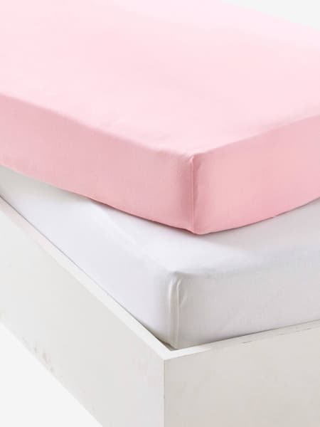 Vertbaudet - Lot de 2 draps-housses en jersey extensible rose pâle + blanc - 40x80