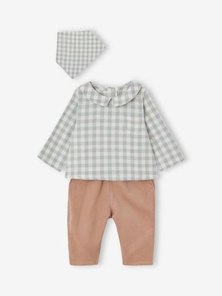 Vertbaudet - Ensemble bébé chemise body + pantalon velours + bandana vert sauge