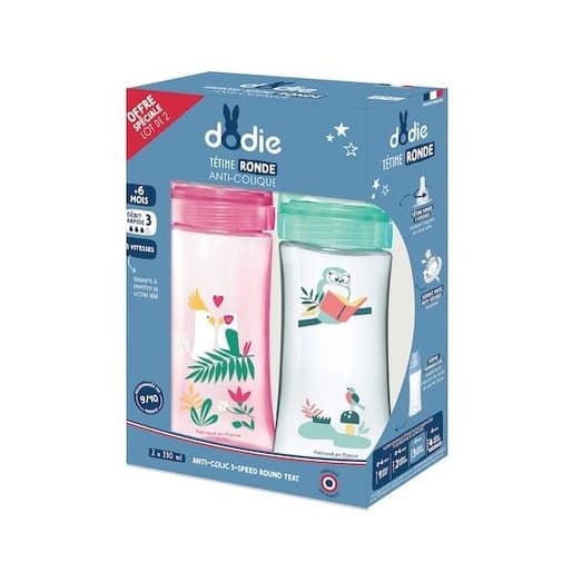 Dodie - Lot de 2 biberons Initiation+ Hibou Vert/Rose Danseuse 330 ml Dodie : Aubert