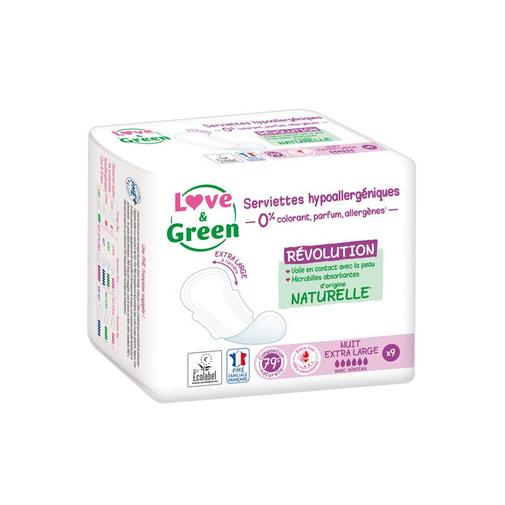Love & Green - Lot de 9 serviettes nuit extra large avec ailettes - Blanc