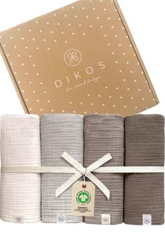 Dikos - DIKOS® Premium Langes Coton Bébé Gris/Taupe/Crème | 100% Coton Biologique Certifié GOTS | 64x64cm Set de 4 Pièces | Lange Mousseline Crêpe Bebe Garçon et Fille | Cadeau Naissance Cadeau Nouveau Né