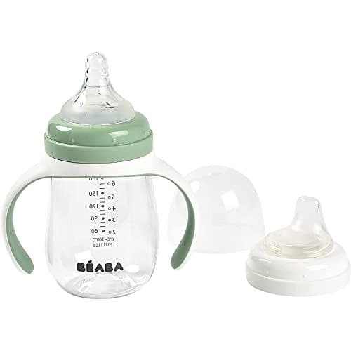 BÉABA - BÉABA, Biberon/Tasse d'apprentissage 2 en 1, Tasse Paille Enfant, 100% étanche, Anti-fuite, Facile à Ouvrir, Poignées amovibles, Tritan et Silicone, 210 ml, Vert sauge