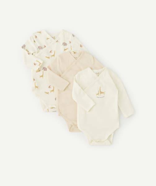 taokids.com - LOT DE 3 BODIES BÉBÉ ÉCRU ET BEIGE THÈME ANIMAUX DE LA SAVANE