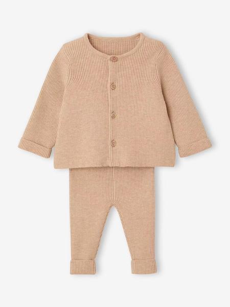 Vertbaudet - Ensemble bébé mixte gilet pantalon en tricot beige