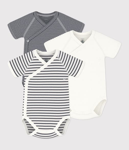 Petit Bateau - LOT DE 3 BODIES CROISÉS MANCHES COURTES RAYURES BÉBÉ EN COTON