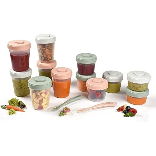 Béaba - BÉABA, Lot de 12 Portions Conservation et 2 Cuillères Silicone, Clip, Pots empilables et emboîtables, 100% hermétique, Graduation, Congélation, Lait Maternel (2x90 ml & 4x150 ml & 6x250ml), Eucalyptus